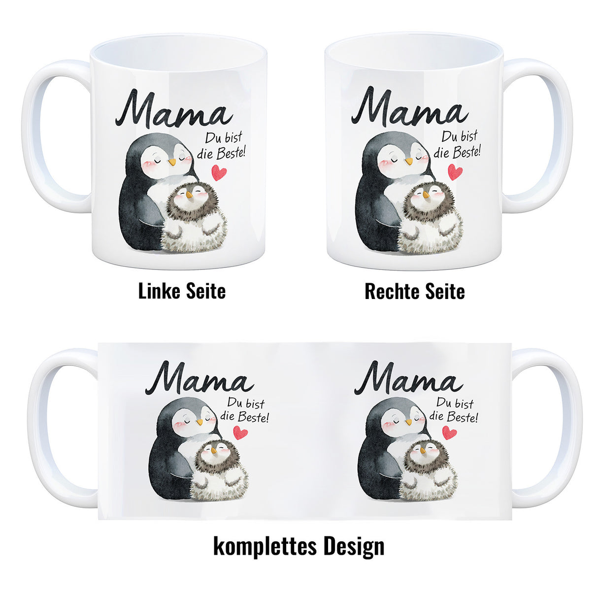 Pinguin Mutter und Kind Kaffeebecher mit Spruch Mama du bist die Beste