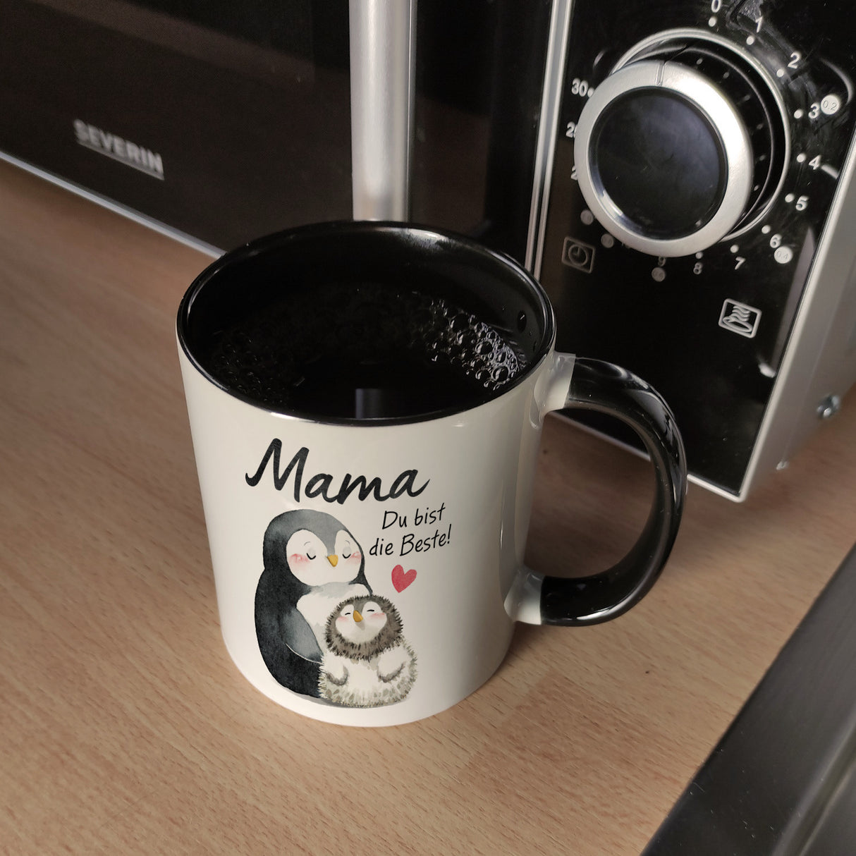 Pinguin Mutter und Kind Kaffeebecher mit Spruch Mama du bist die Beste