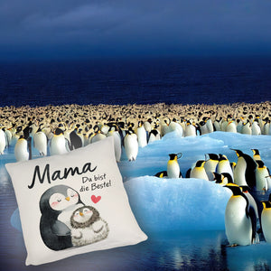 Pinguin Mutter und Kind Kissen mit Spruch Mama du bist die Beste