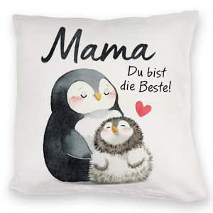 Pinguin Mutter und Kind Kissen mit Spruch Mama du bist die Beste