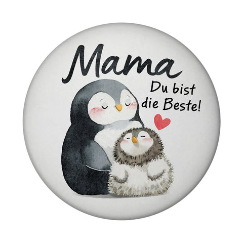 Pinguin Mutter und Kind Magnet rund mit Spruch Mama du bist die Beste
