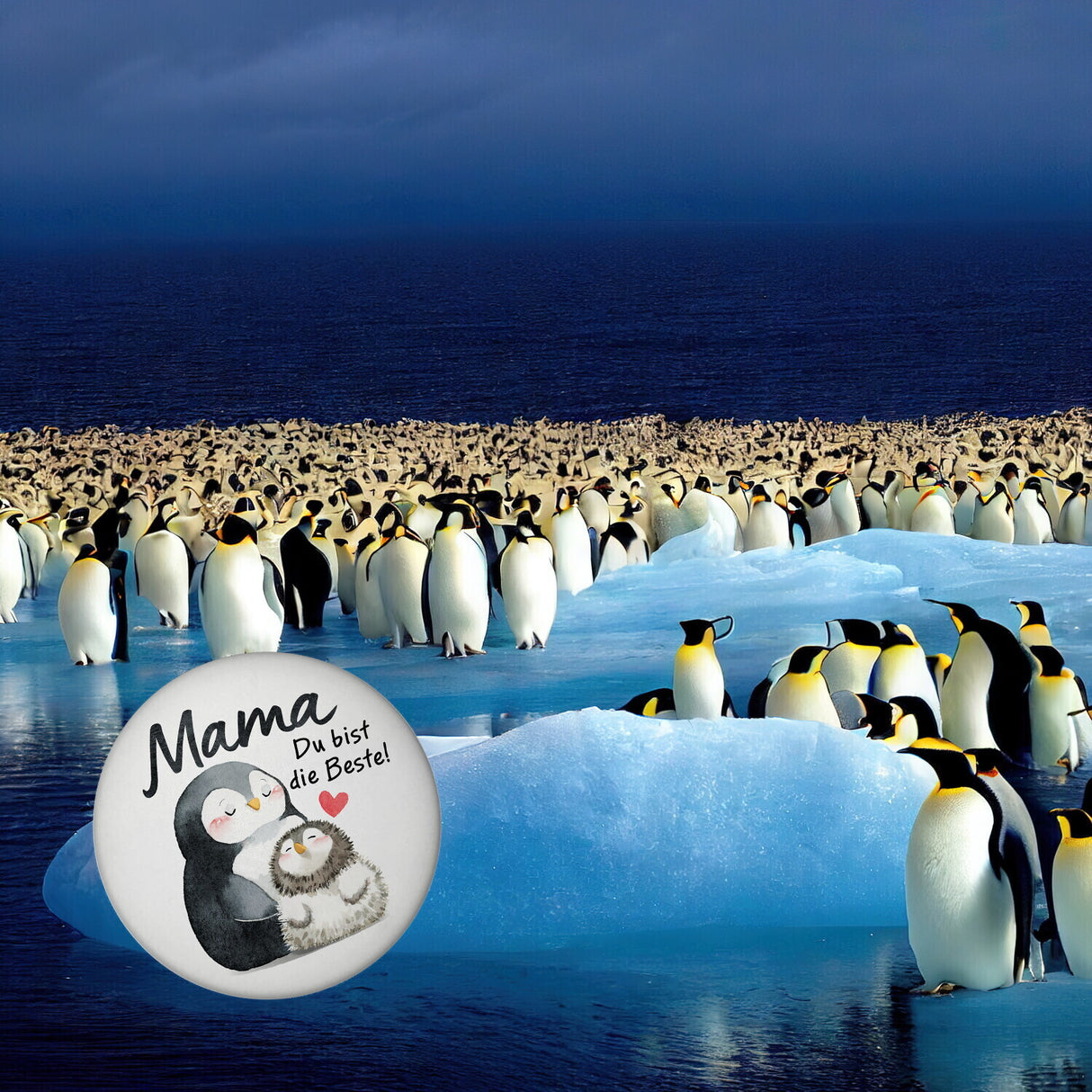 Pinguin Mutter und Kind Magnet rund mit Spruch Mama du bist die Beste
