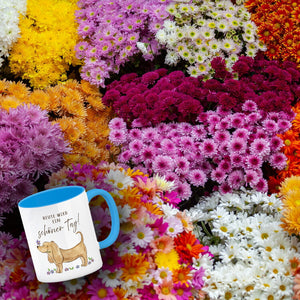 Dackel mit Blume Kaffeebecher mit Spruch Heute wird ein schöner Tag