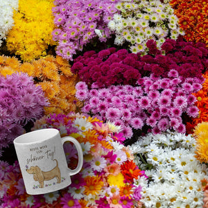 Dackel mit Blume Kaffeebecher mit Spruch Heute wird ein schöner Tag