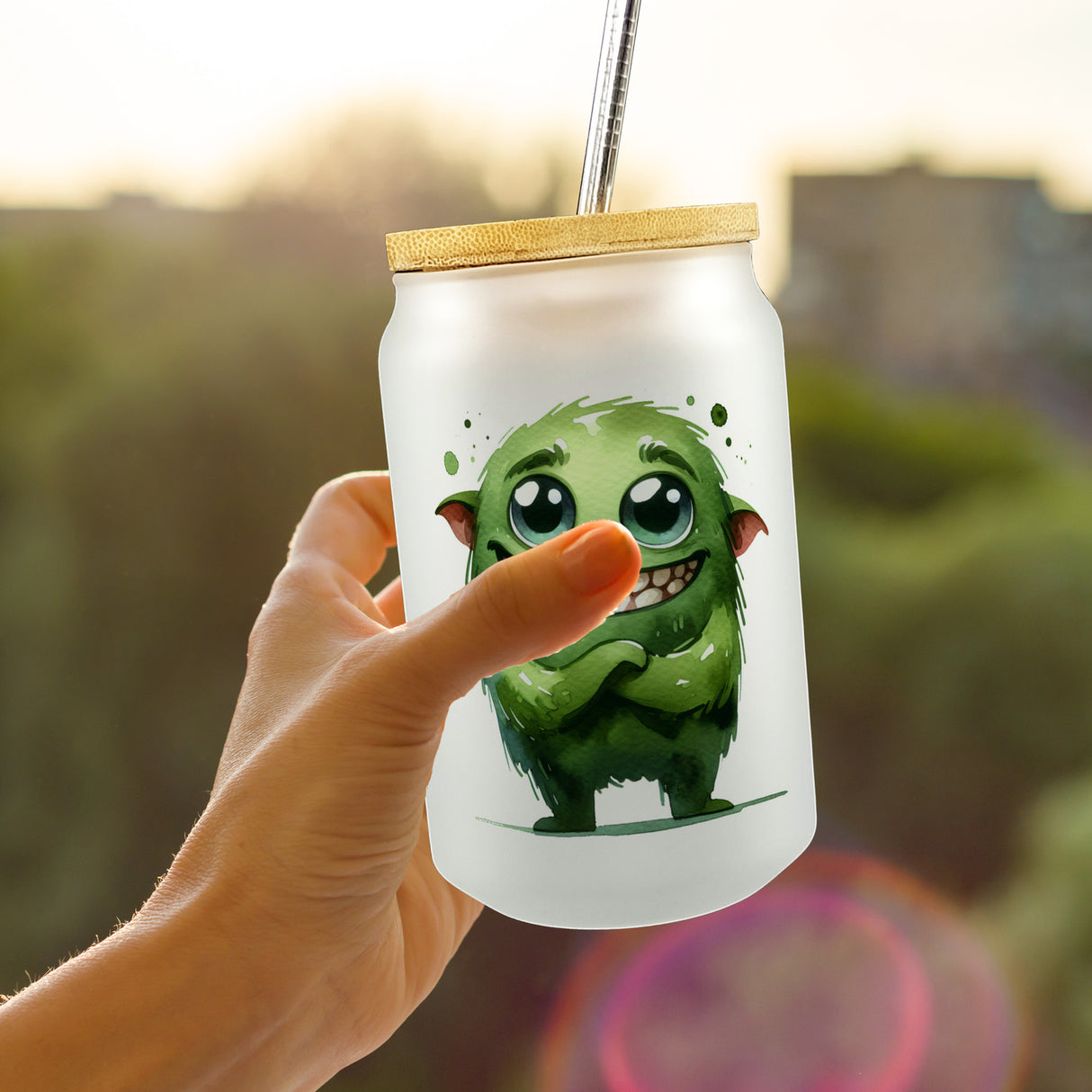 grünes Monster Trinkglas mit Bambusdeckel