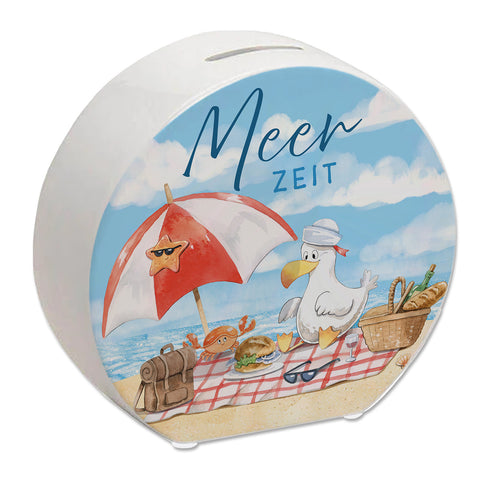 Möwe am Strand Spardose mit Spruch Meerzeit