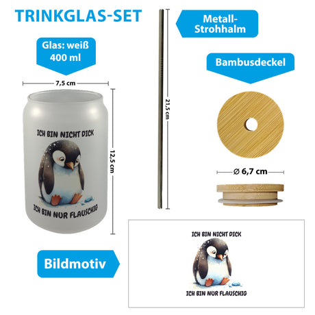 Flauschiger Pinguin Trinkglas mit Bambusdeckel mit Spruch Nicht dick nur flauschig