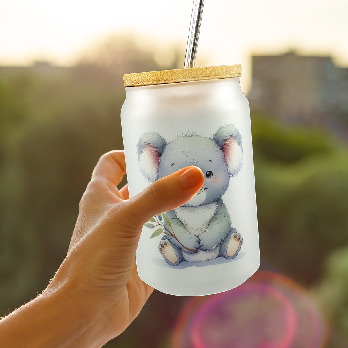 sitzender Koala Trinkglas mit Bambusdeckel