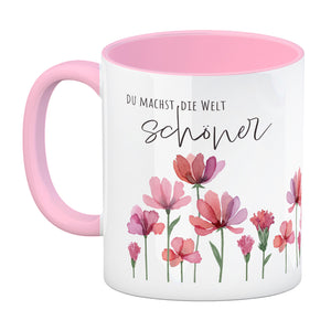Aquarell Blumen Kaffeebecher mit Spruch Du machst die Welt schöner