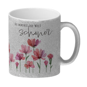 Aquarell Blumen Kaffeebecher mit Spruch Du machst die Welt schöner