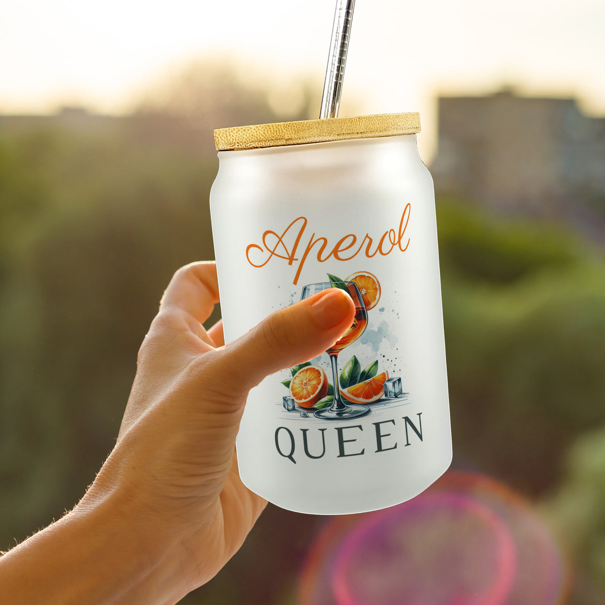 Aperol Queen Trinkglas mit Bambusdeckel