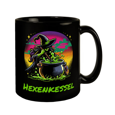 Hexe Tasse in Schwarz mit Spruch Hexenkessel