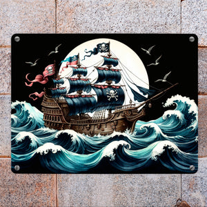 Piratenschiff auf hoher See Metallschild in 15x20 cm