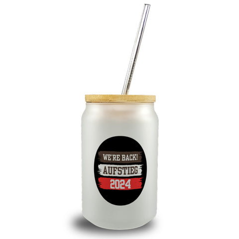 St. Pauli Aufstieg 2024 Trinkglas mit Bambusdeckel mit Spruch We're back