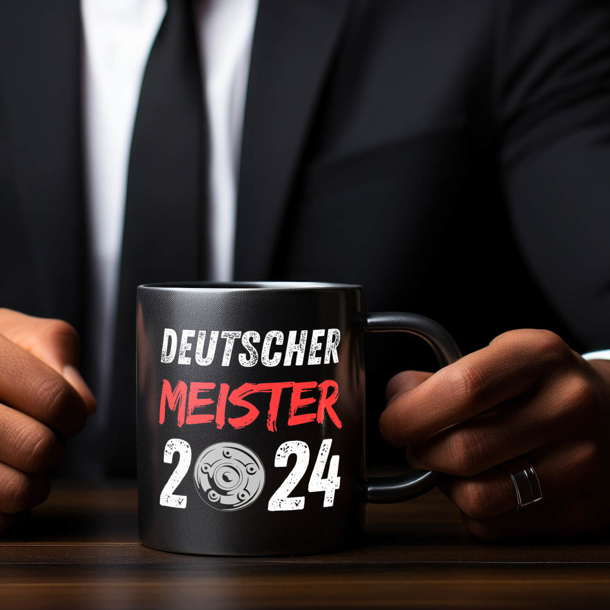 Leverkusen Meisterschale Tasse in Schwarz mit Spruch Deutscher Meister 2024