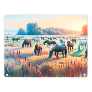Pferde auf Koppel bei Sonnenaufgang Metallschild in 15x20 cm