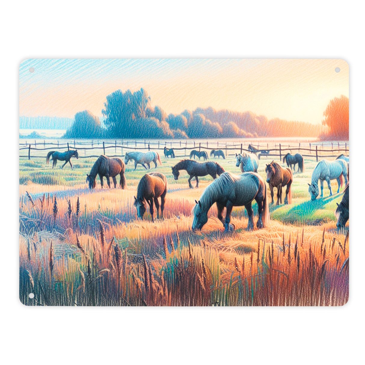 Pferde auf Koppel bei Sonnenaufgang Metallschild in 15x20 cm