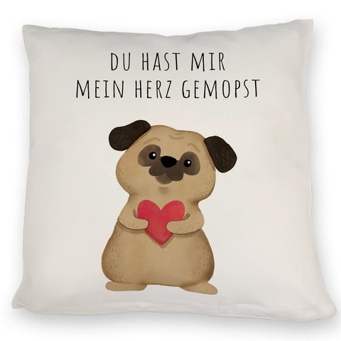 Mops mit Herz Kissen mit Spruch Du hast mir mein Herz gemopst