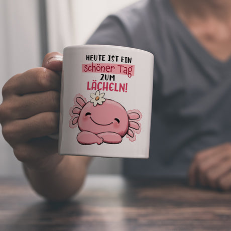 Axolotl Kaffeebecher mit Spruch Heute ist ein schöner Tag zum Lächeln