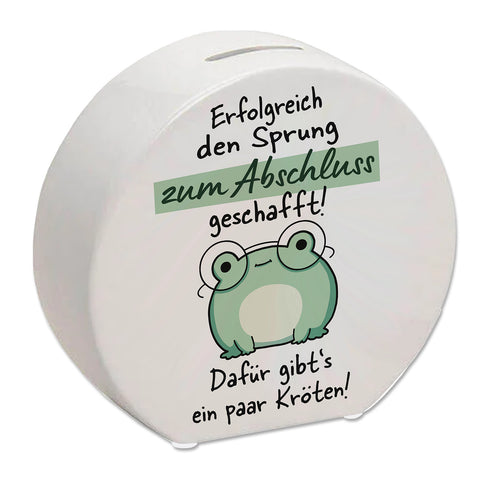 Frosch mit Brille Spardose mit Spruch Abschluss geschafft - dafür Kröten