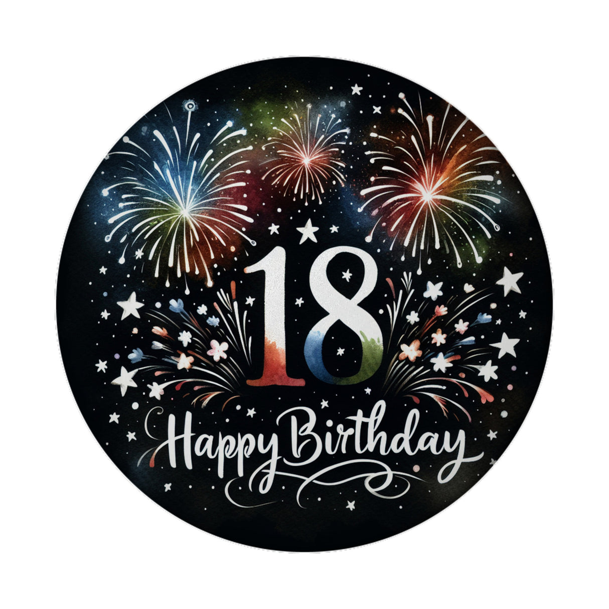 18. Geburtstag Feuerwerk Magnet rund mit Spruch Happy Birthday 18