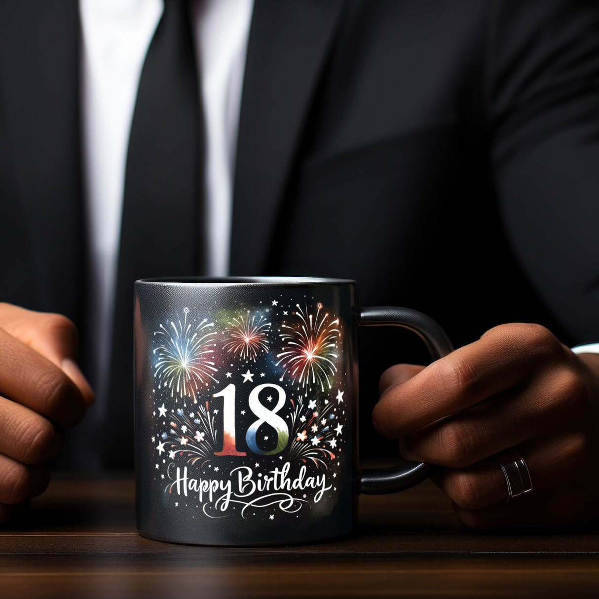 18. Geburtstag Feuerwerk Tasse in Schwarz mit Spruch Happy Birthday 18