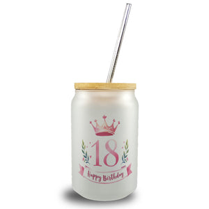 Happy Birthday 18 Krone Trinkglas mit Bambusdeckel