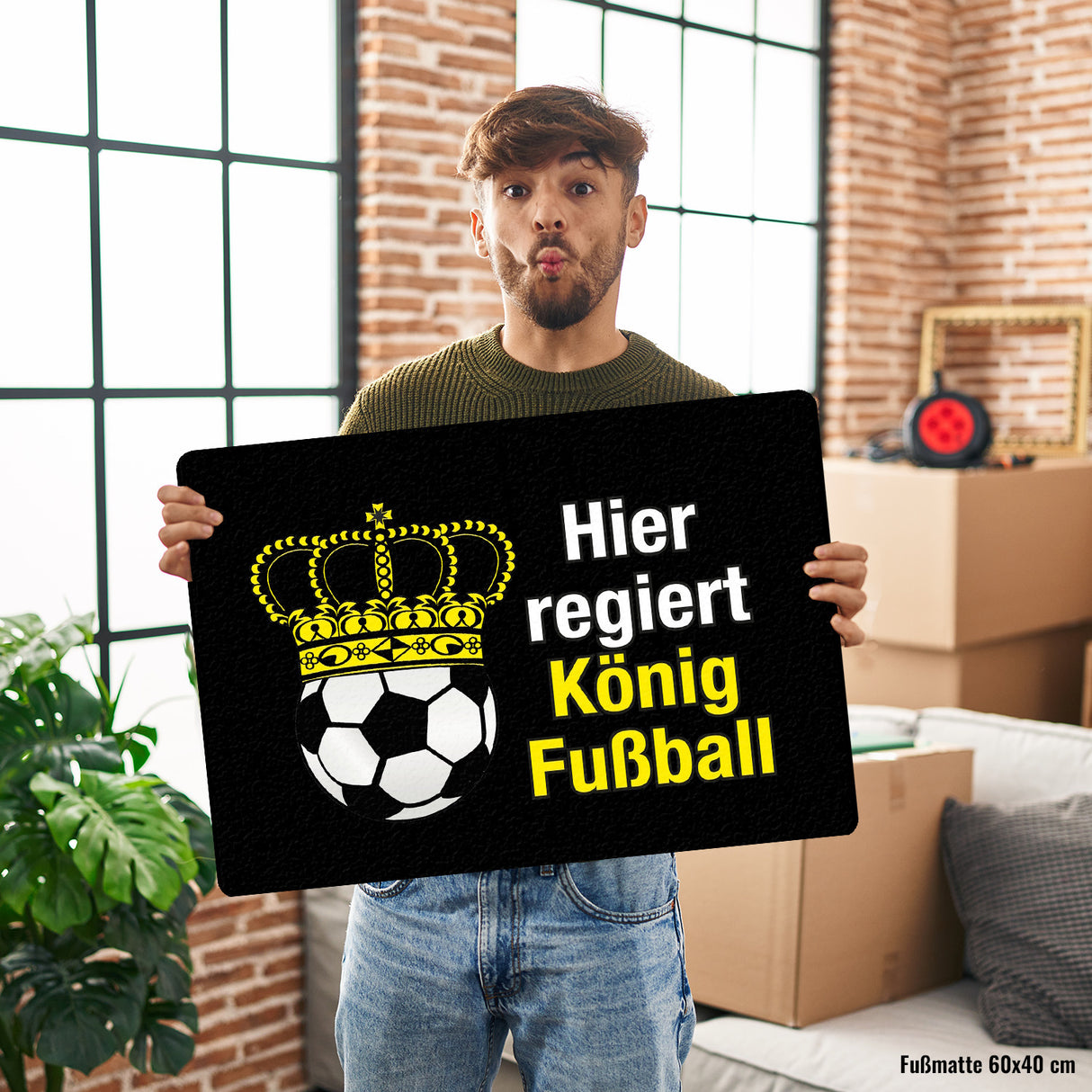 Fußball mit Krone Fußmatte in 35x50 cm ohne Rand mit Spruch Hier regiert König Fußball