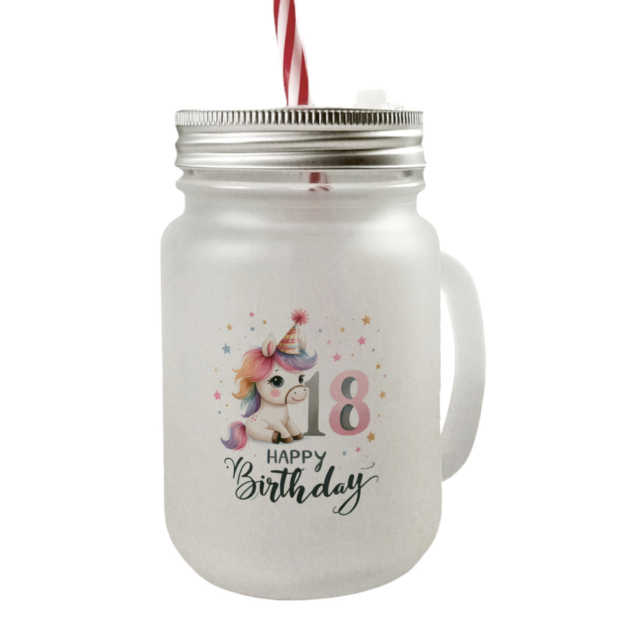 18. Geburtstag mit niedlichem Pferd Trinkglas mit Bambusdeckel mit Spruch Happy Birthday 18