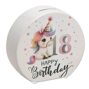 18. Geburtstag mit niedlichem Pferd Spardose mit Spruch Happy Birthday 18