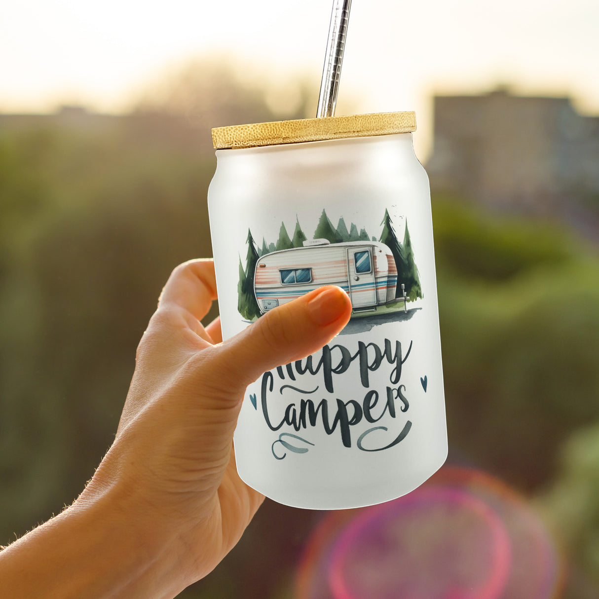 Happy Campers Wohnwagen Trinkglas mit Bambusdeckel