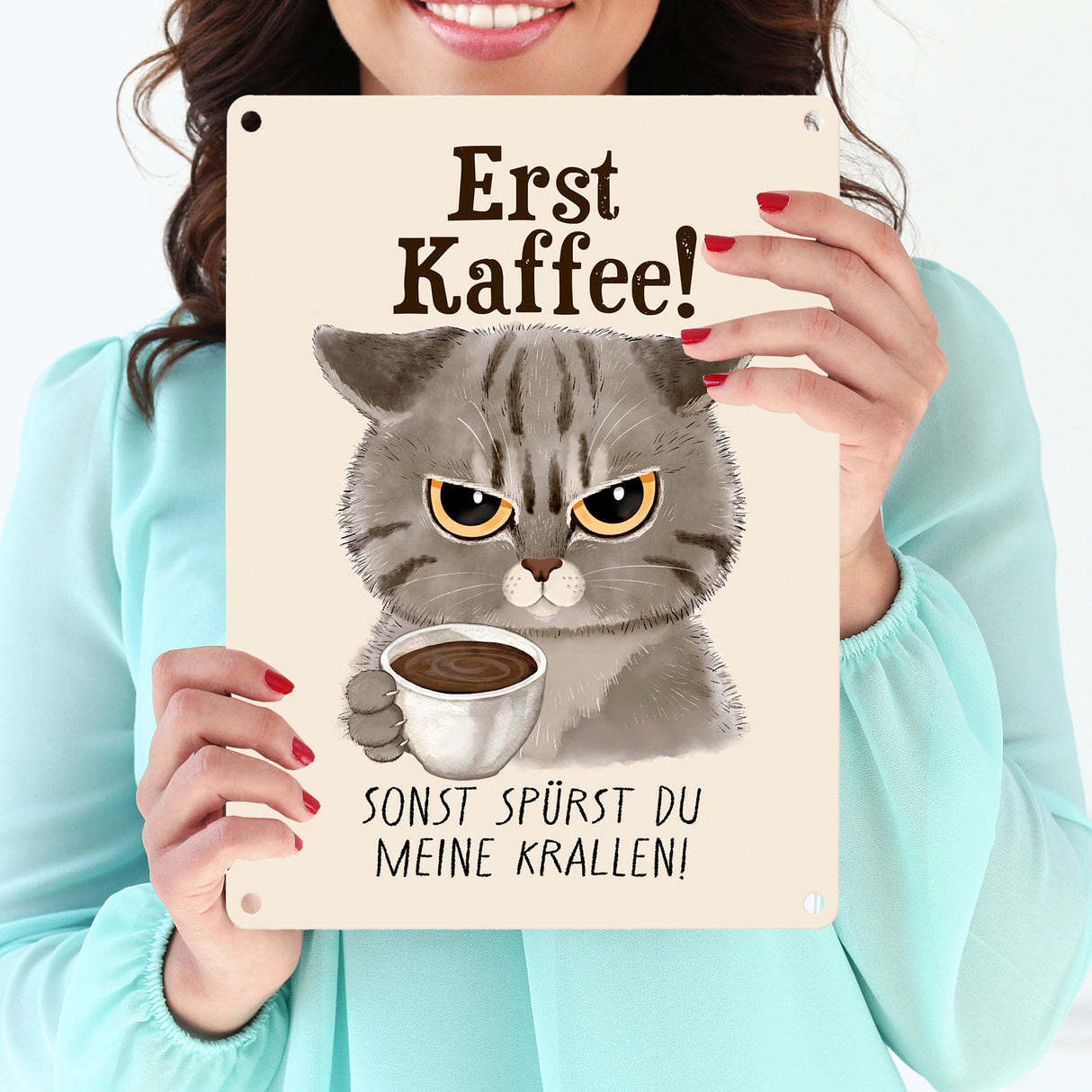 Morgenmuffel Katze Metallschild in 15x20 cm mit Spruch Erst Kaffee sonst Krallen