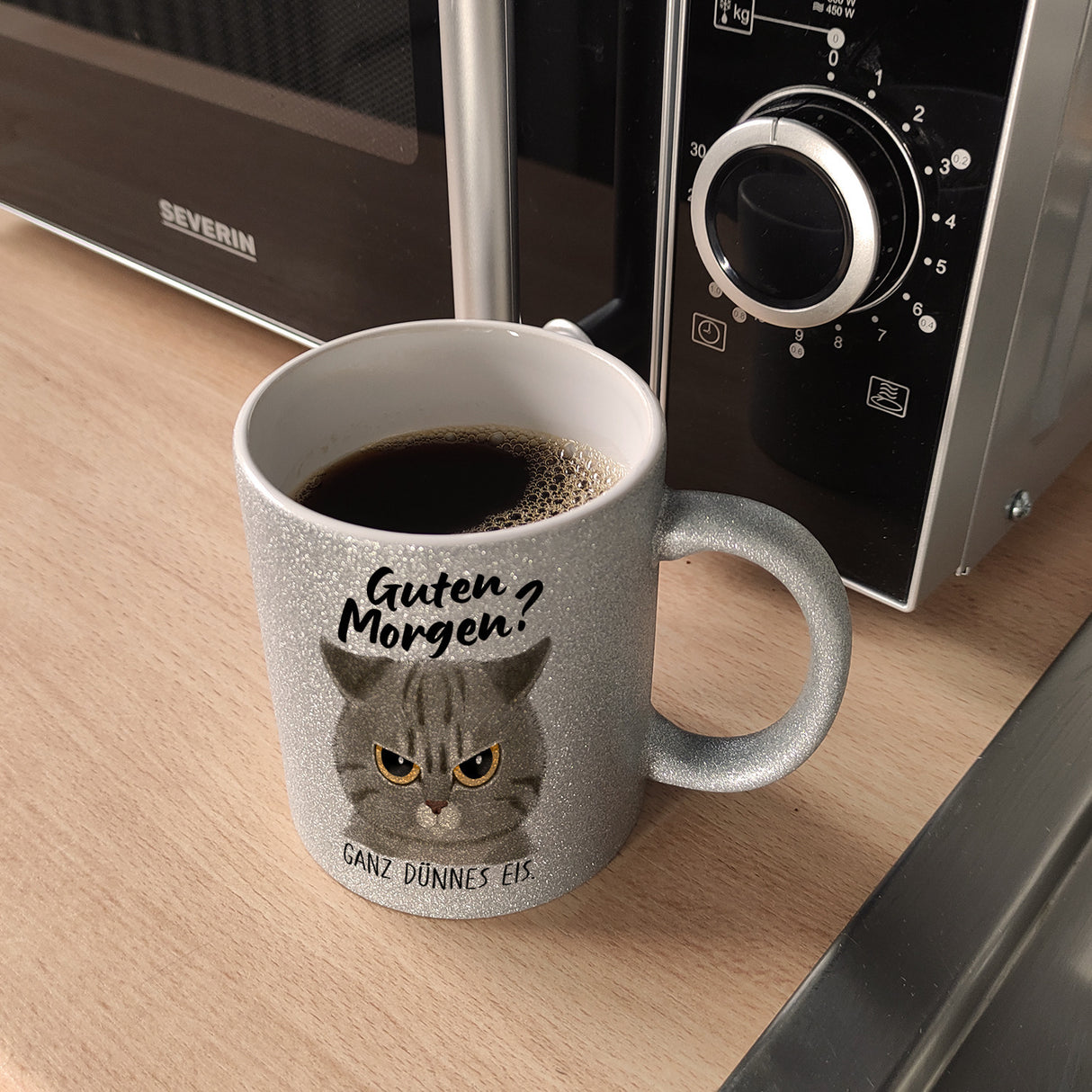 Morgenmuffel Katze Kaffeebecher mit Spruch Guten Morgen - Ganz dünnes Eis