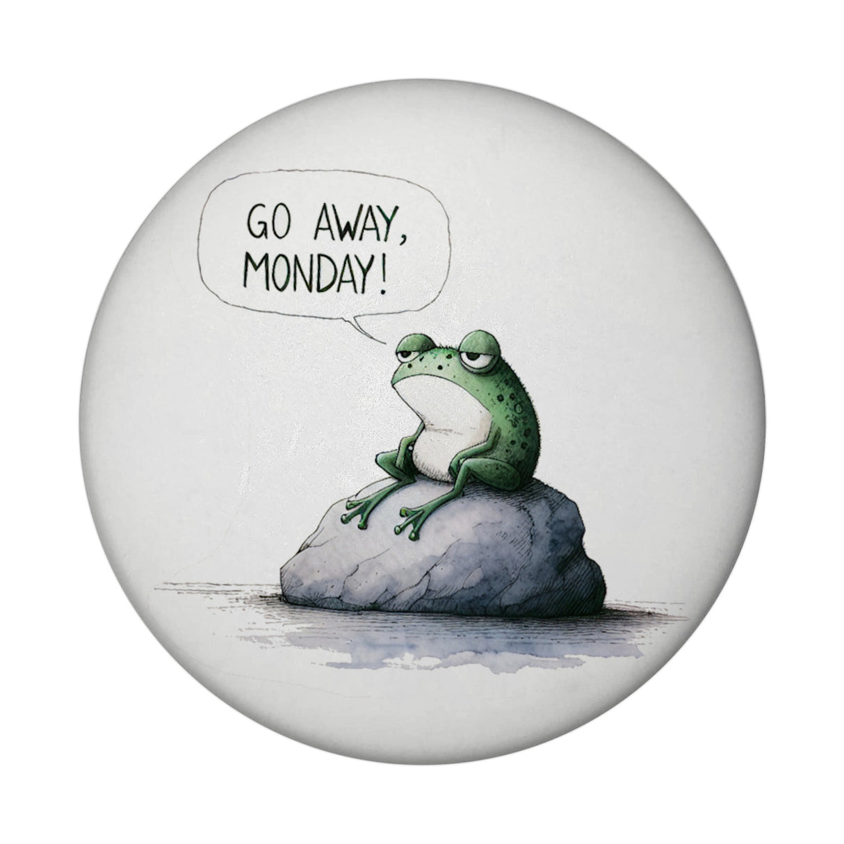 Griesgrämiger Frosch Magnet rund mit Spruch Go away, Monday!