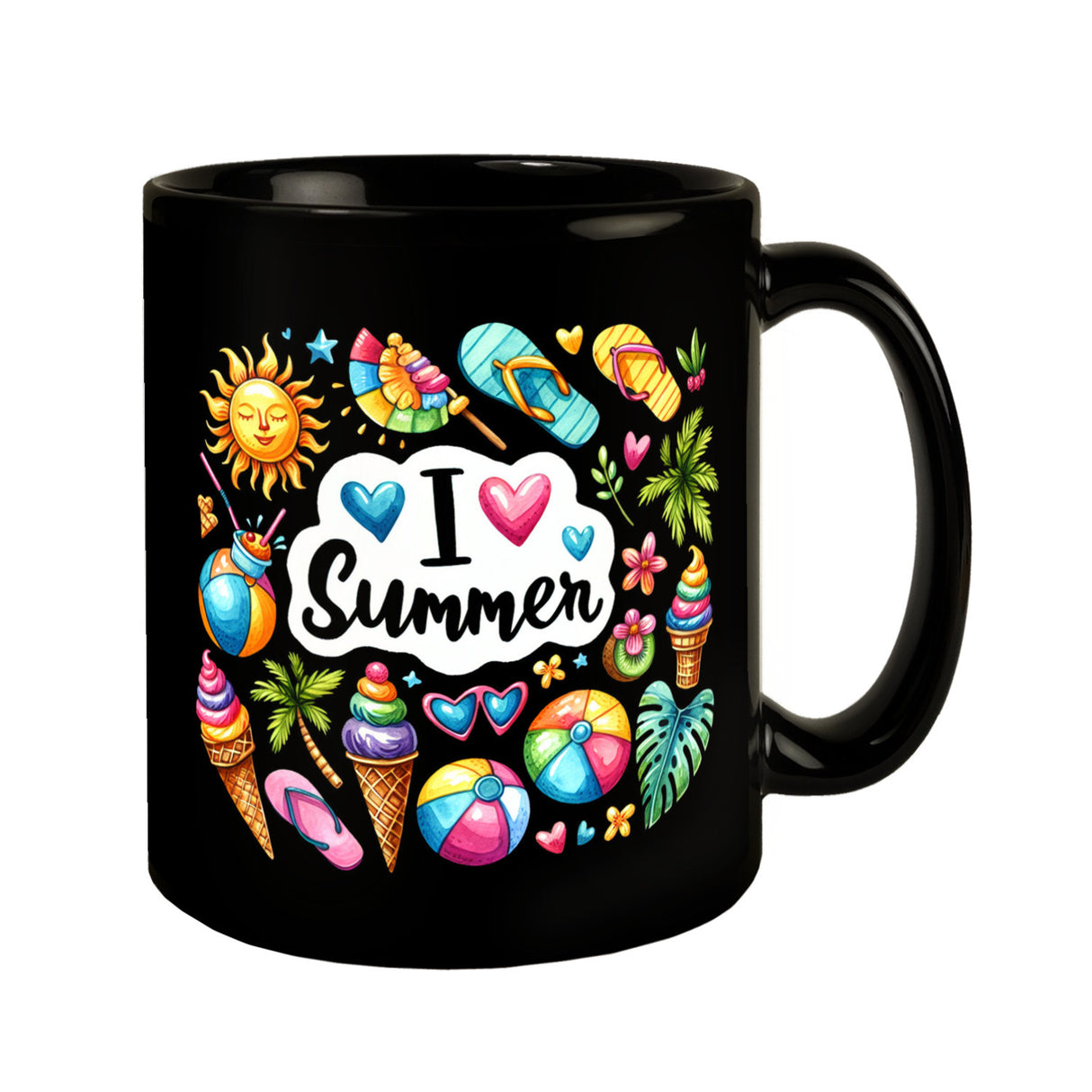 Endlich Sommer Tasse in Schwarz mit Spruch I love Summer