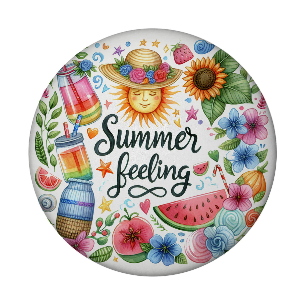 Sonne und Sommer Magnet rund mit Spruch Summer feeling
