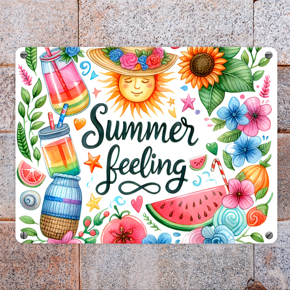 Sonne und Sommer Metallschild in 15x20 cm mit Spruch Summer feeling