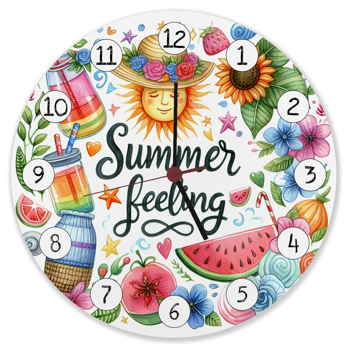 Sonne und Sommer Wanduhr mit Spruch Summer feeling