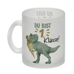 Dino mit Schultüte Kaffeebecher mit Spruch Du bist 1. Klasse!