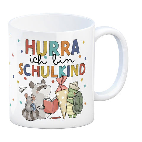 Tiere zur Einschulung Kaffeebecher mit Spruch Hurra ich bin Schulkind