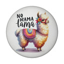 Alpaka mit bunter Satteldecke Magnet rund mit Spruch No Drama Lama