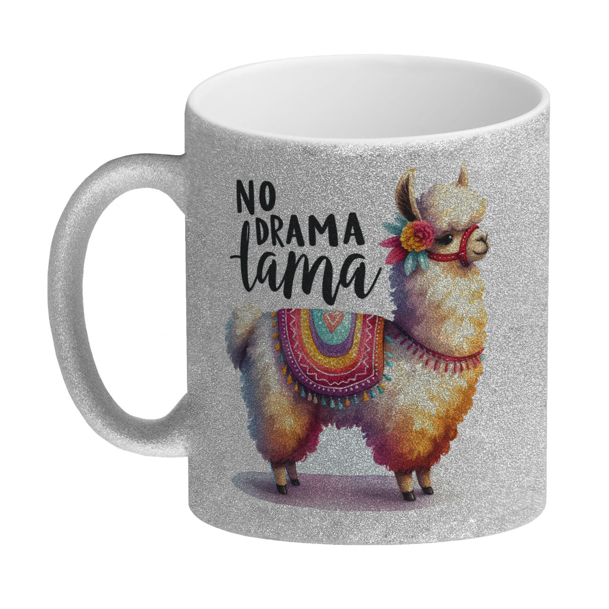 Alpaka mit bunter Satteldecke Kaffeebecher mit Spruch No Drama Lama