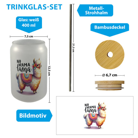Alpaka mit bunter Satteldecke Trinkglas mit Bambusdeckel mit Spruch No Drama Lama