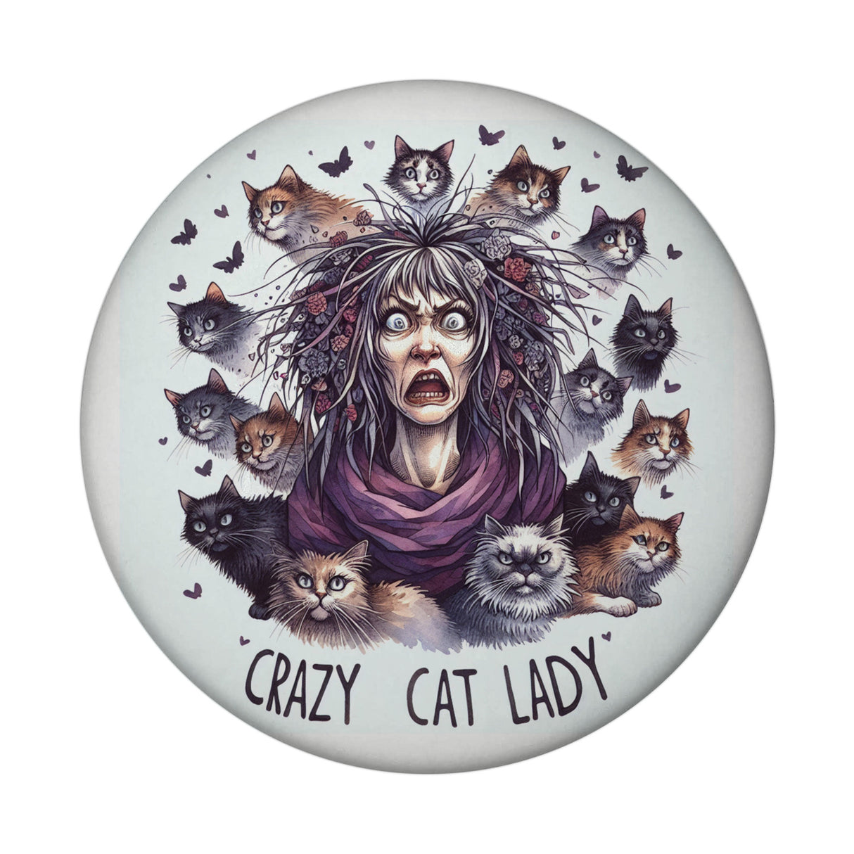 Katzenfrau Magnet rund mit Spruch Crazy Cat Lady