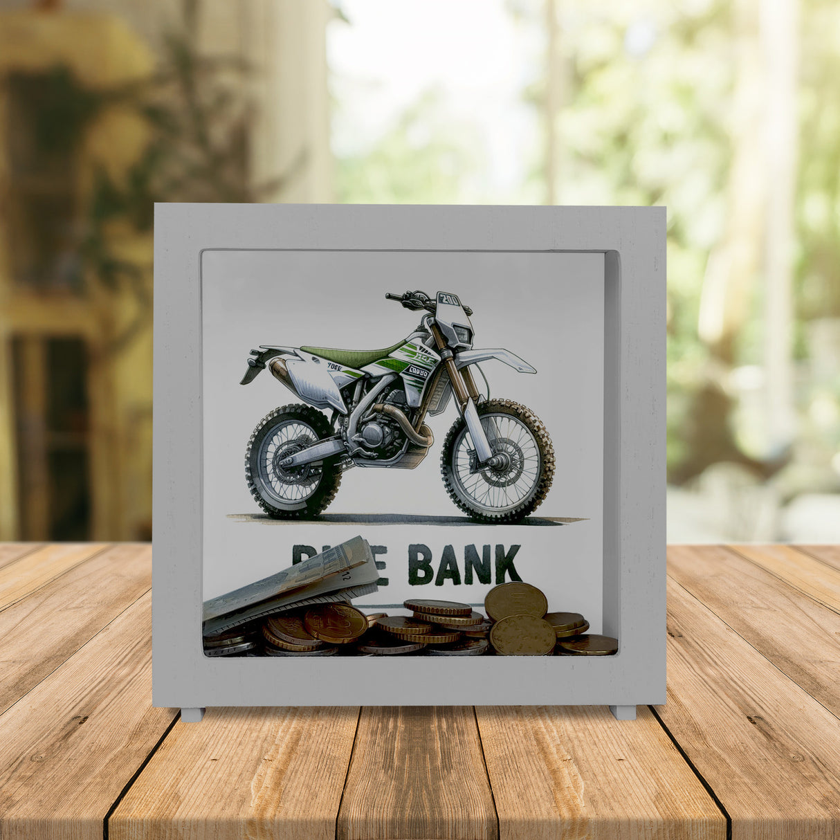 Enduro Motorrad Spardose mit Spruch Bike Bank