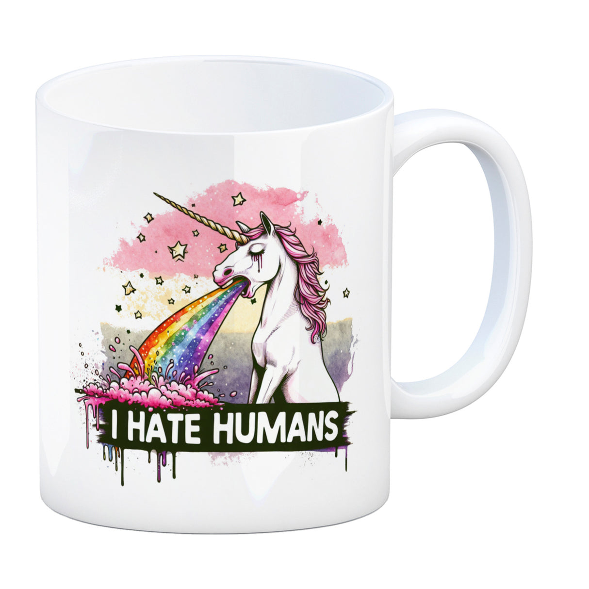 Einhorn kotzt Regenbogen Kaffeebecher mit Spruch I hate Humans