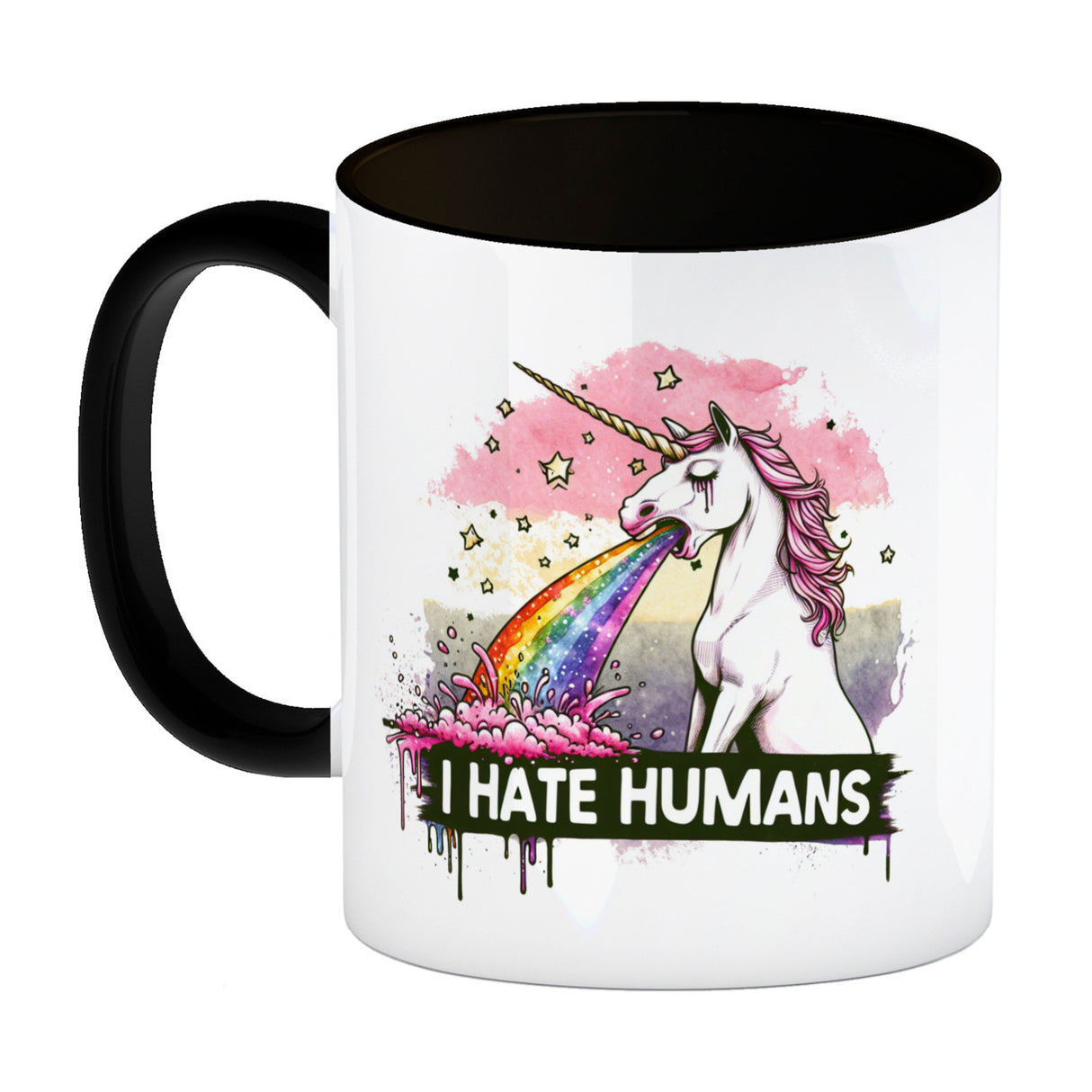 Einhorn kotzt Regenbogen Kaffeebecher mit Spruch I hate Humans