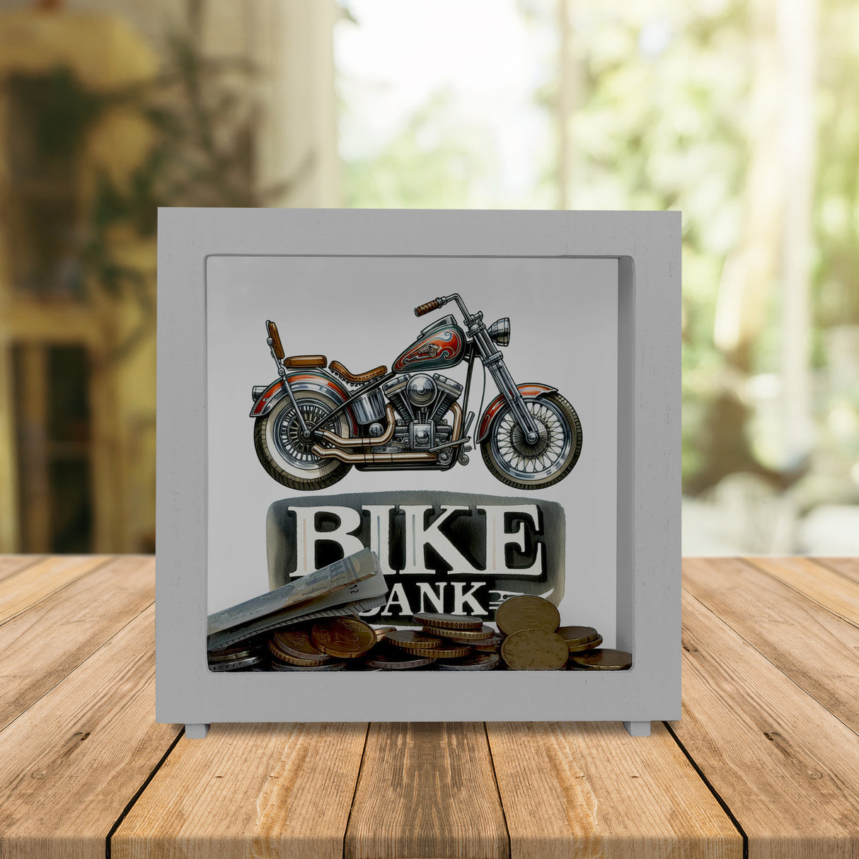 Retro Chopper Motorrad Spardose mit Spruch Bike Bank
