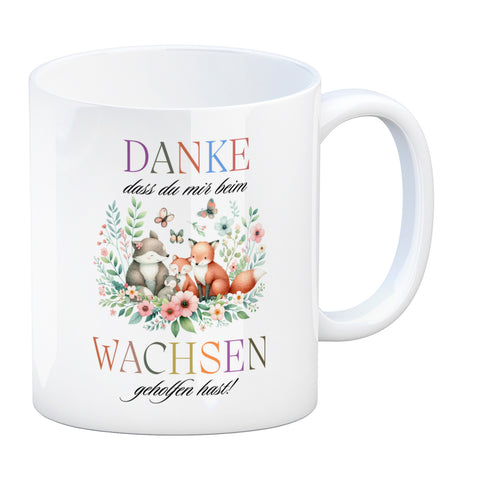 Waldtiere Kaffeebecher mit Spruch Danke für Deine Hilfe beim Wachsen