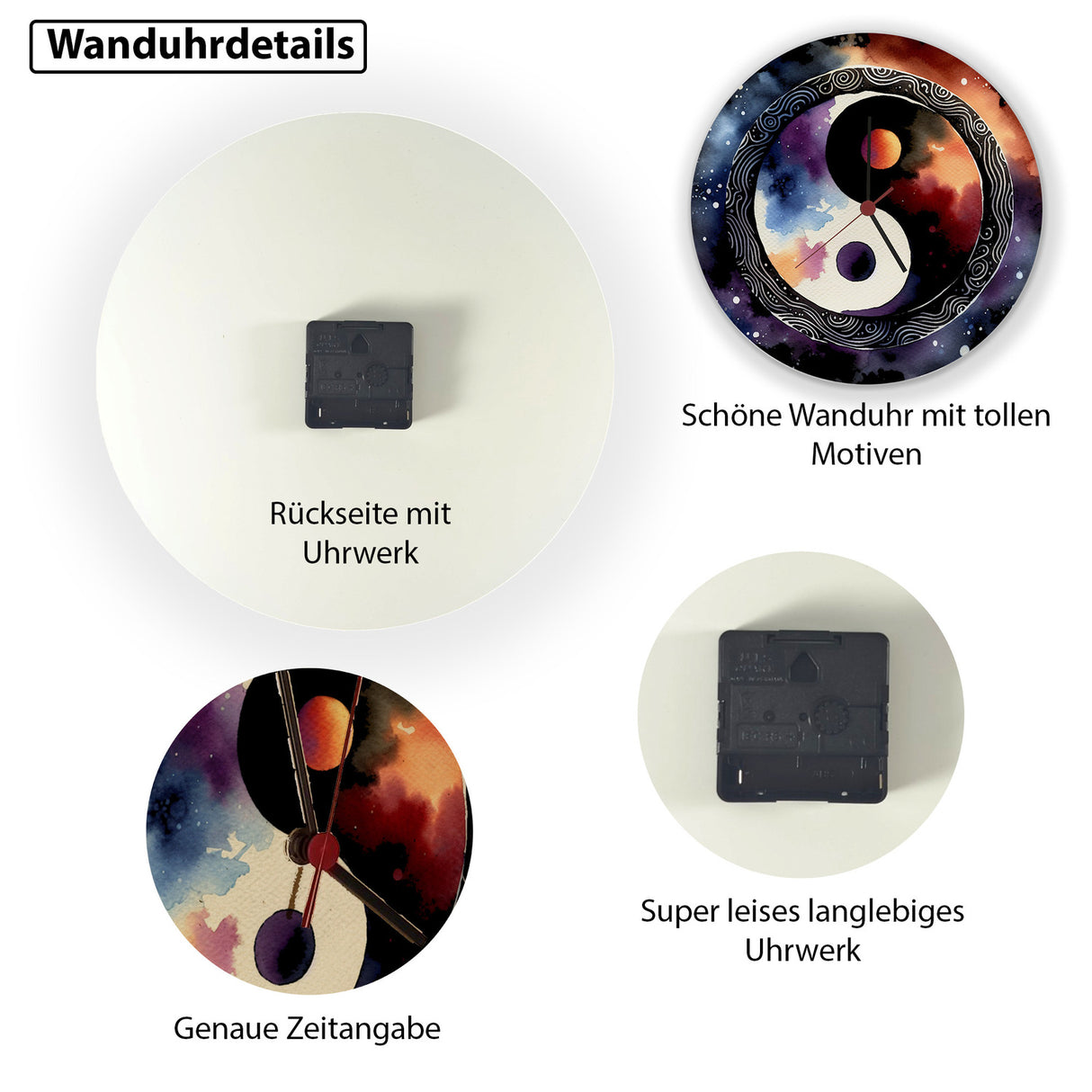 Yin und Yang Aquarell Wanduhr